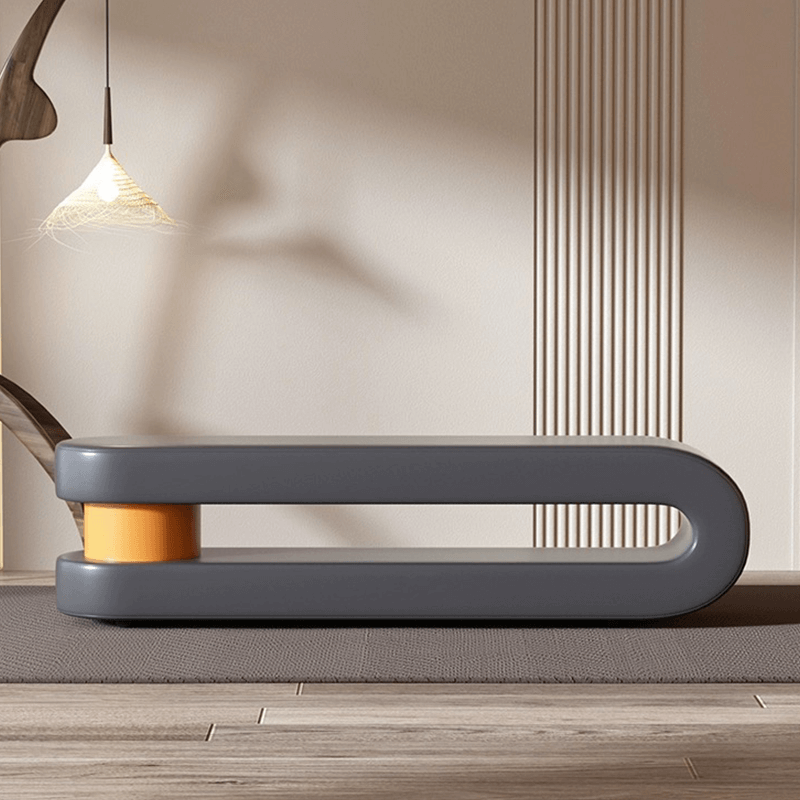 Close-up of the luxury upholstered leather bench with a unique c-shape design.