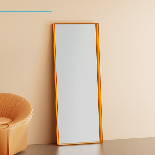 Close-up of the decorative mirror frame showing sleek ABS texture in blue finish