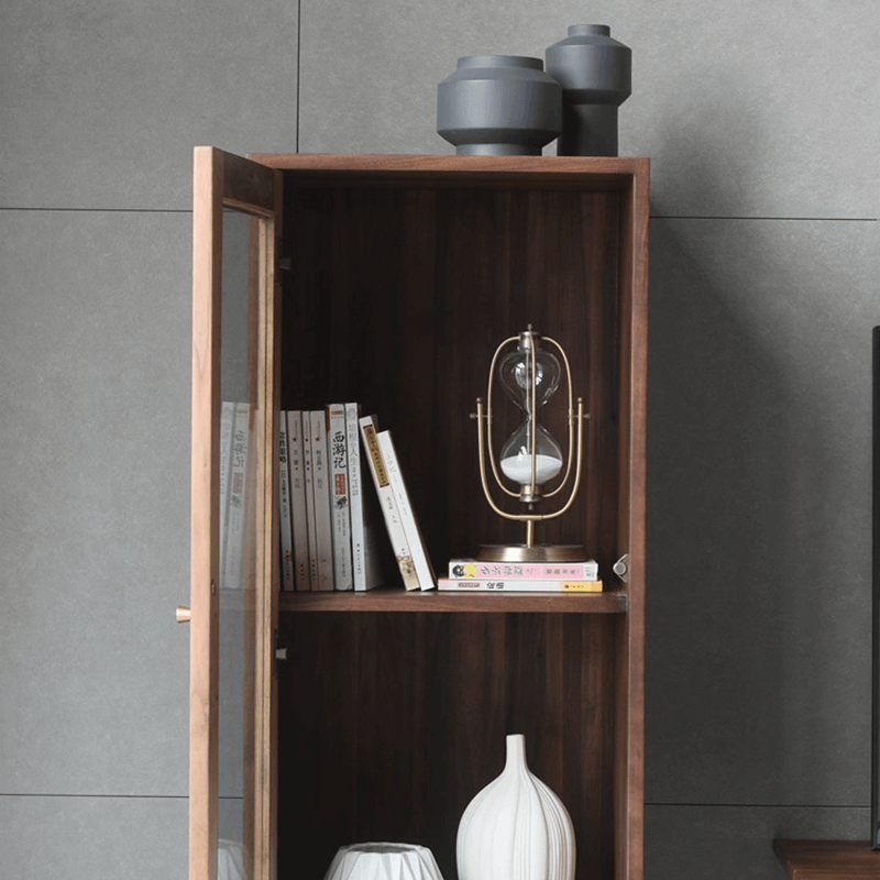 Front view of the stylish modern storage cabinet in a living room setting.