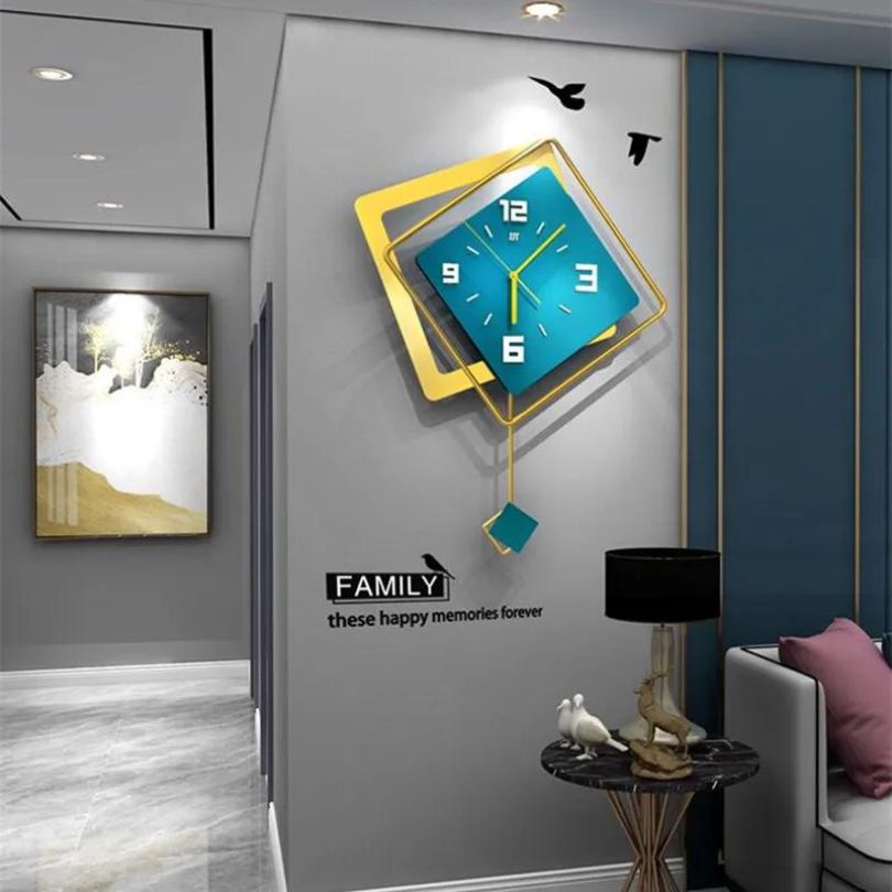 Elegant Geometric Wood Wall Clock in a stylish living room setting, showcasing its unique swing design.