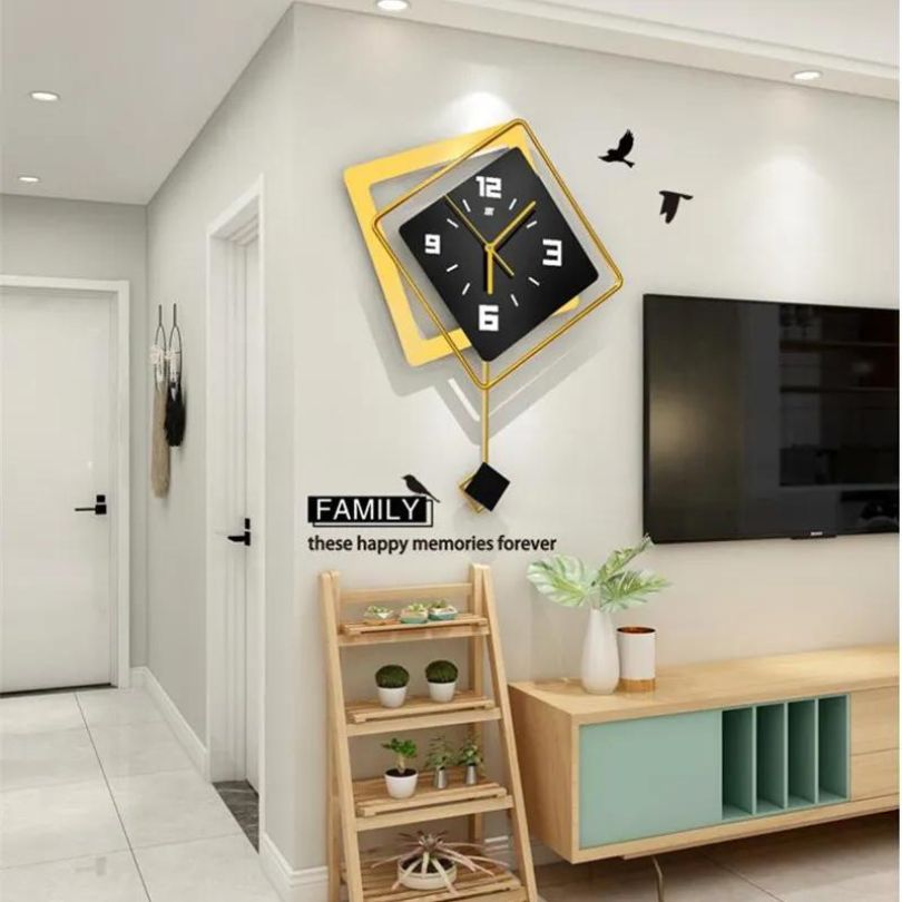 Elegant Geometric Wood Wall Clock in a stylish living room setting, showcasing its unique swing design.