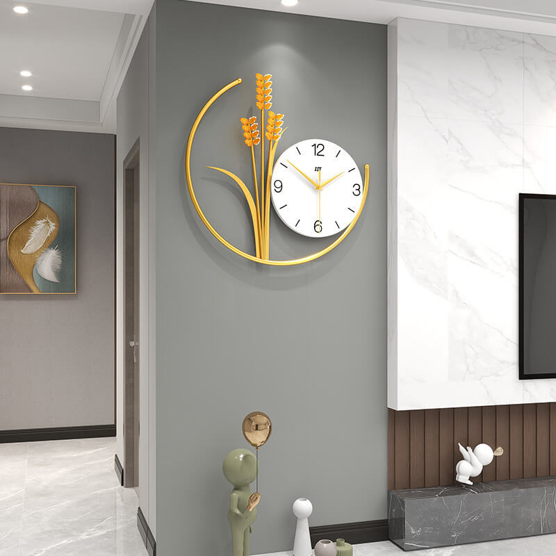Close-up view of the modern round metal clock highlighting the textured surface