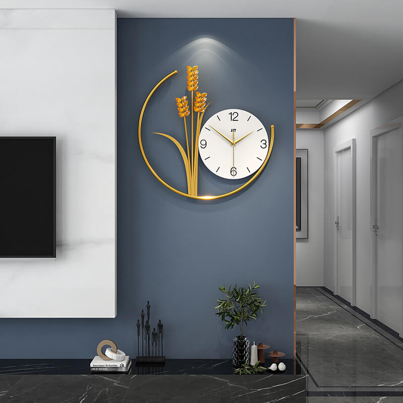 Chic Barley Horologe wall clock displayed in a living room setting