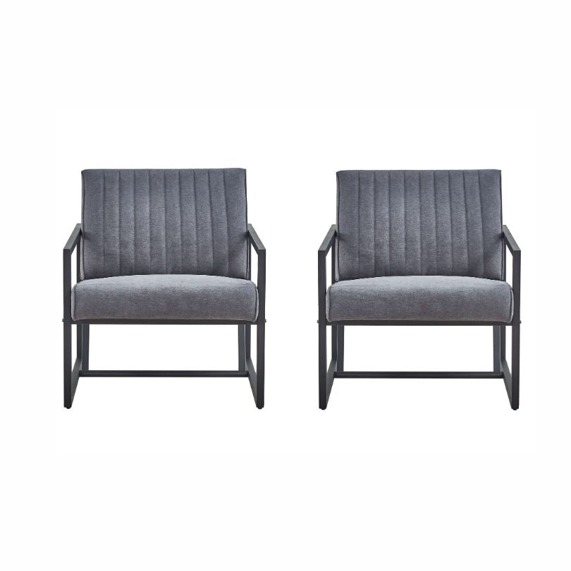 Steel armchair styled in living room setup with soft lighting and neutral decor