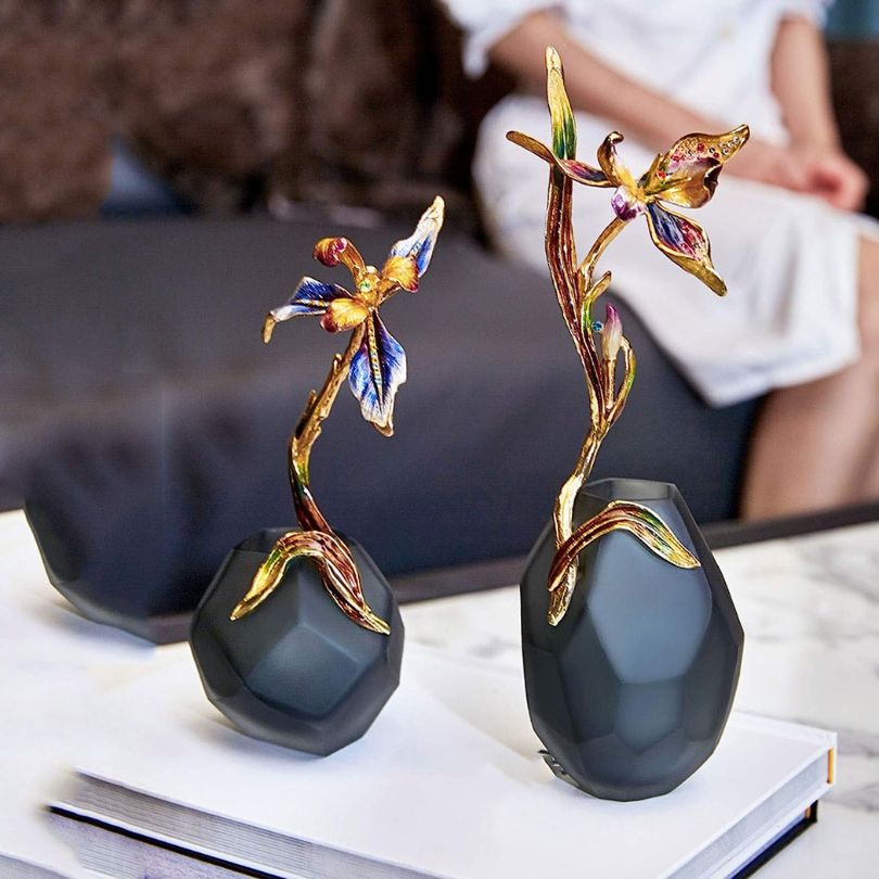 Elegant modern enamel glass vase showcasing black enamel finish, perfect for living room decor.