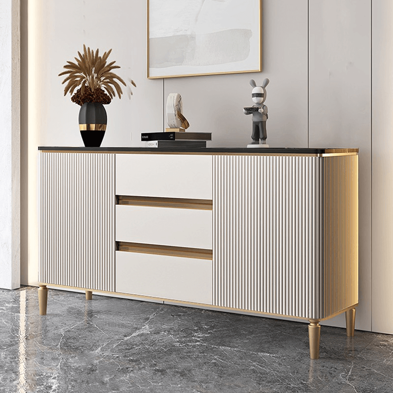 Front view of the Golden Elegance Modern Sideboard showcasing its gilded lines and gold-finished legs.