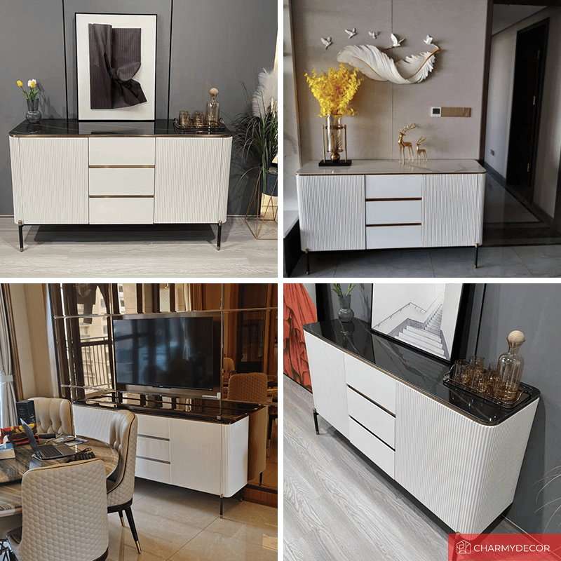 Close-up of the stylish gold and white finish on the modern sideboard, highlighting its craftsmanship.