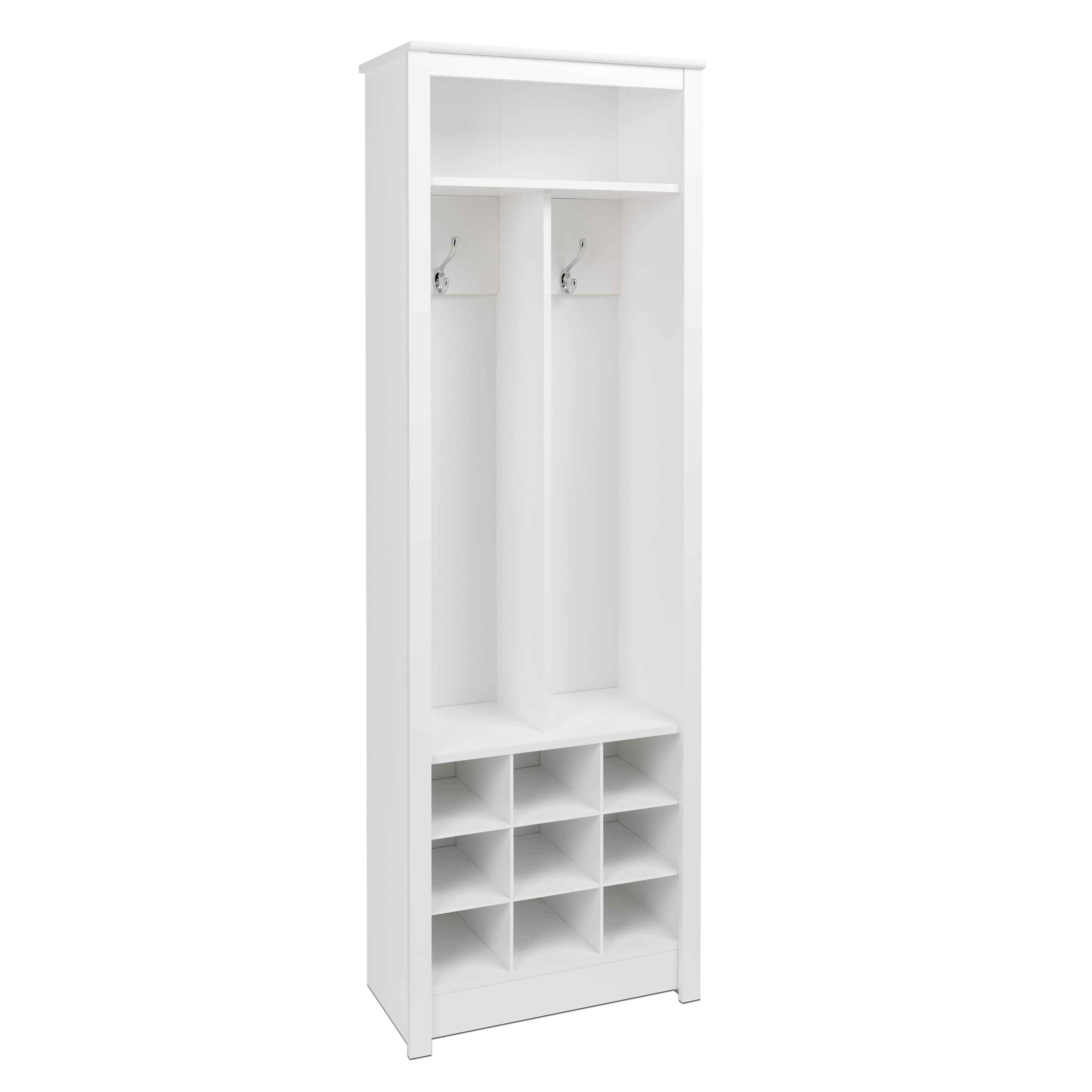 Sleek entryway organizer showcasing coat hooks and shoe cubbies from a side angle.