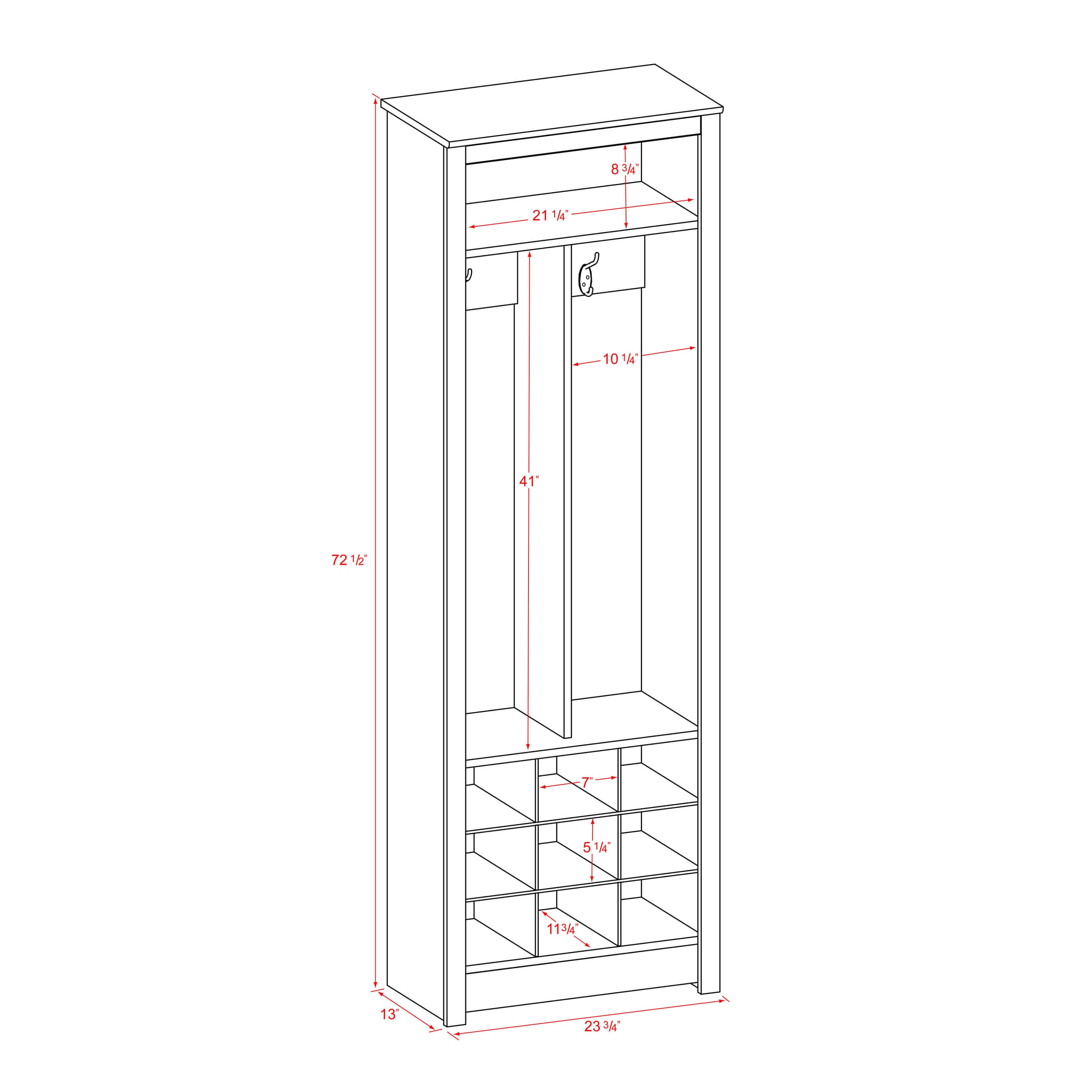 Close-up of the upper shelf and coat hooks on the entryway organizer.