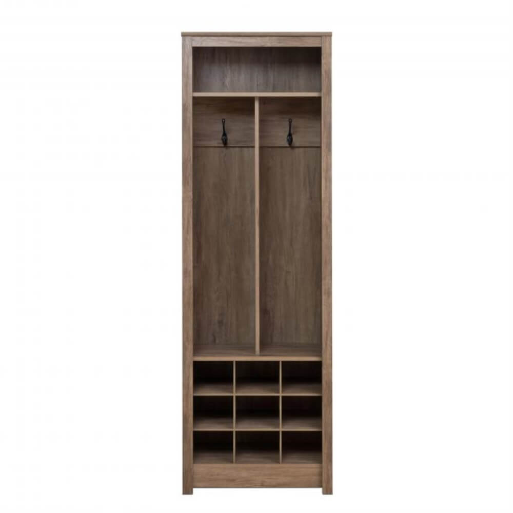 Full view of the modern entryway organizer displaying nine shoe storage cubbies.