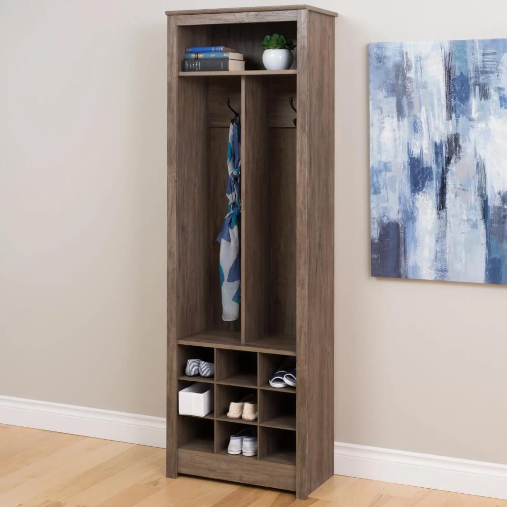 Full view of the modern entryway organizer displaying nine shoe storage cubbies.