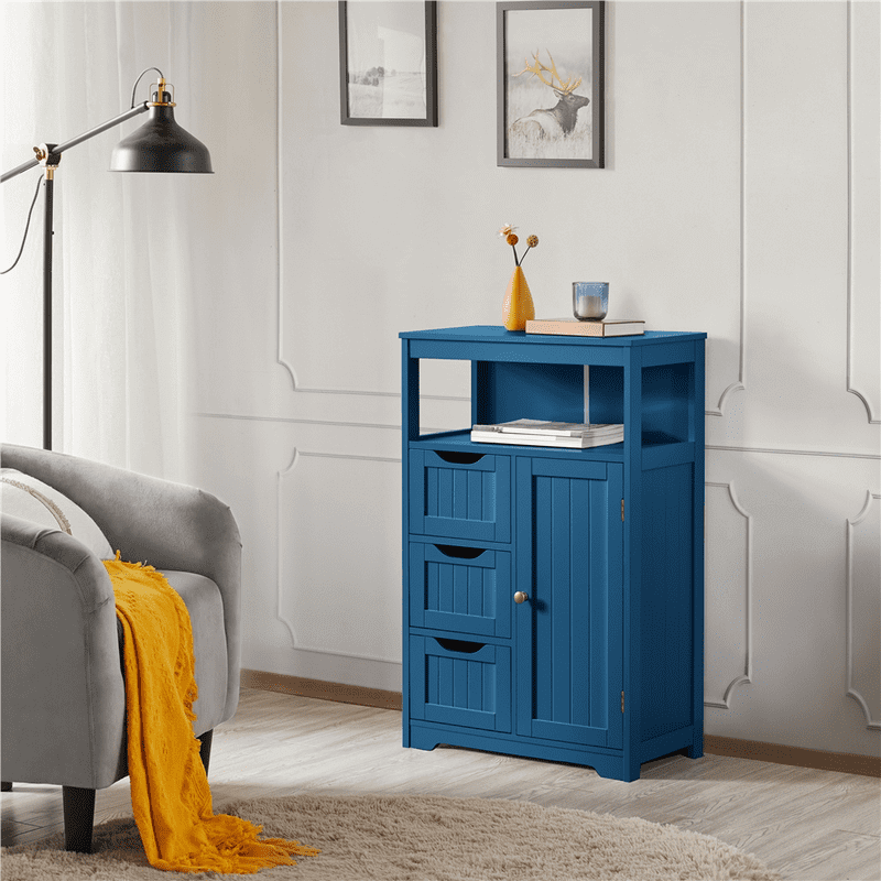 Side view displaying the tall single door and shelves of the storage cabinet.