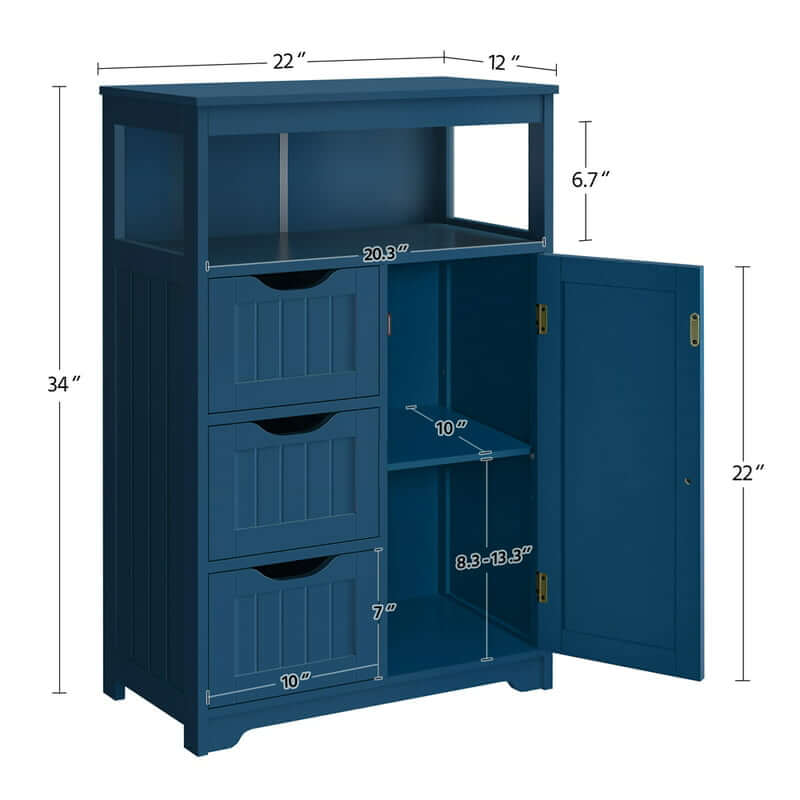 Top angle showing decorative items on the open shelf of the freestanding cabinet.