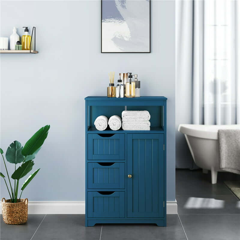 Front view of the modern bathroom cabinet highlighting three pull-out drawers.