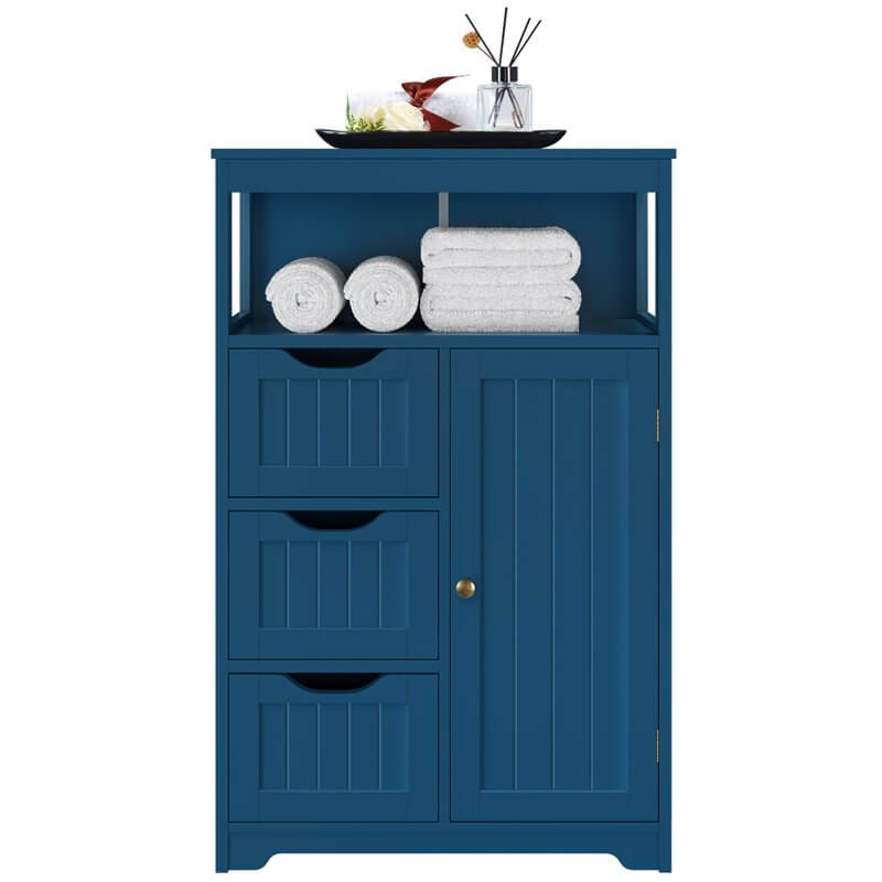 Side view displaying the tall single door and shelves of the storage cabinet.