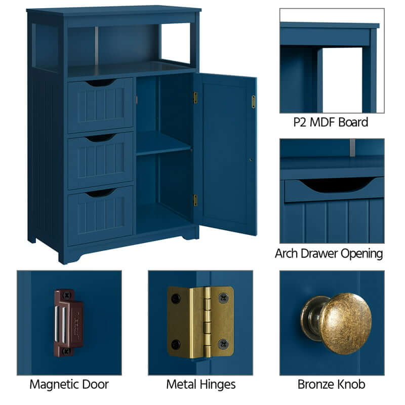 Front view of the modern bathroom cabinet highlighting three pull-out drawers.