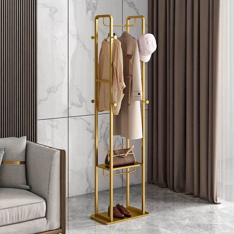 Contemporary freestanding coat rack in a stylish entryway, showcasing its modern design and hooks.
