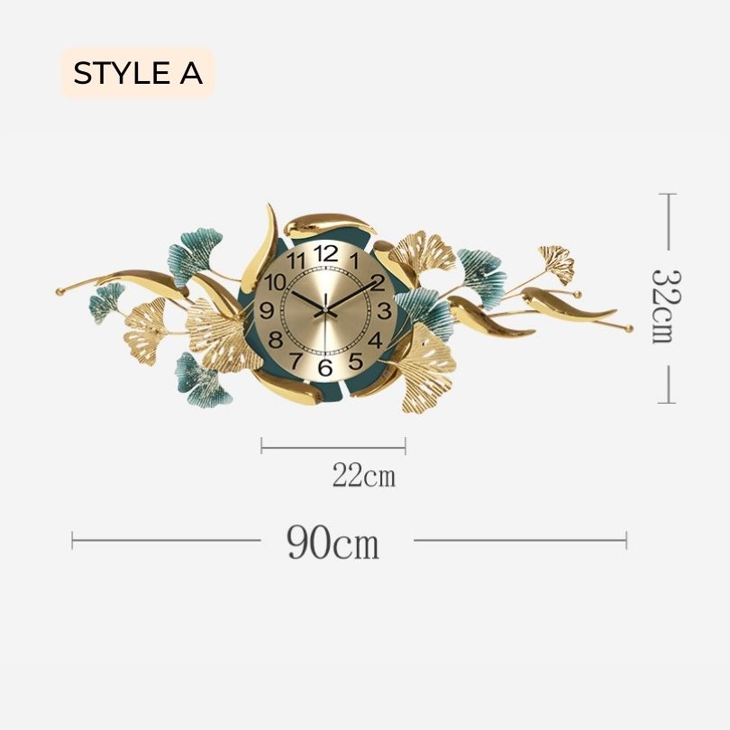 Front view of the stylish ginkgo leaf wall clock showcasing its modern design.