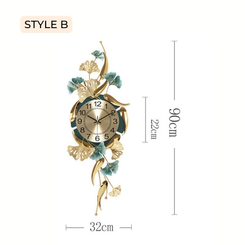 Close-up of the ginkgo leaf pattern on the wall clock, highlighting its intricate details.