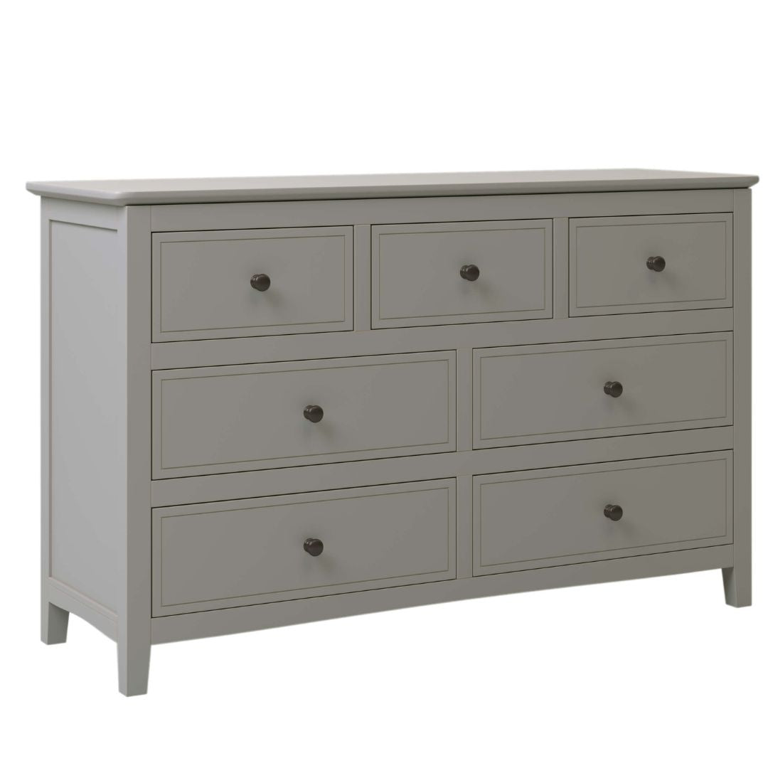 Front view of the stylish gray solid wood 7-drawer dresser showcasing its modern design.