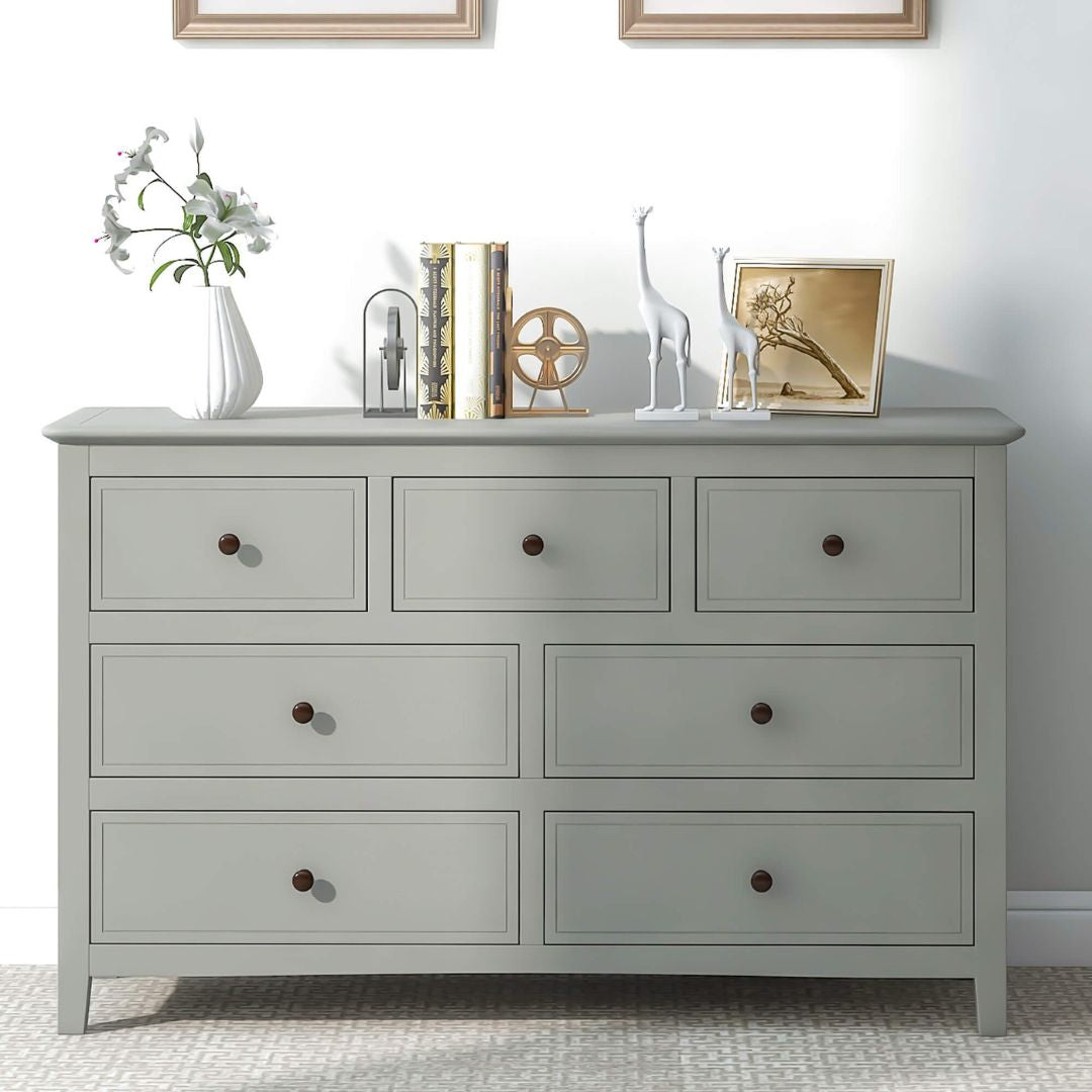 Front view of the stylish gray solid wood 7-drawer dresser showcasing its modern design.