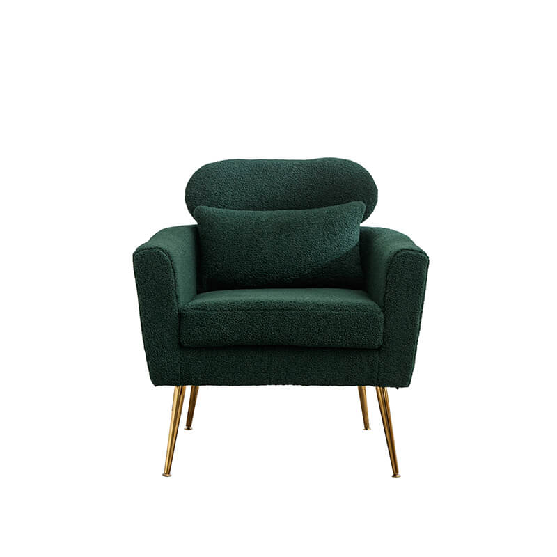 Cozy living room featuring the green accent chair with plush pillow.
