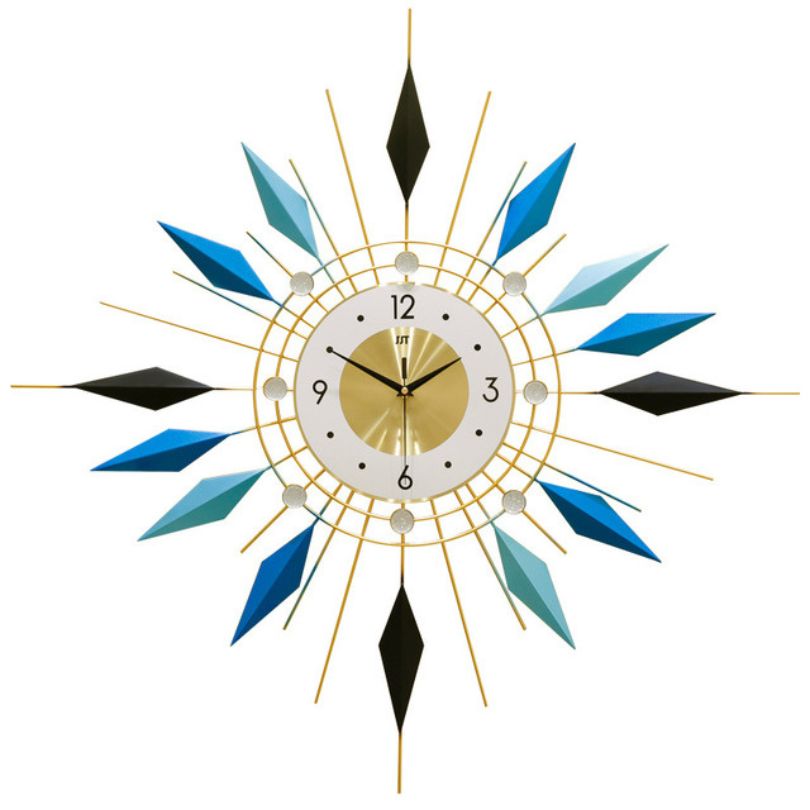 Front view of GeoAura modern clock showing geometric design and bold blue-gold finish