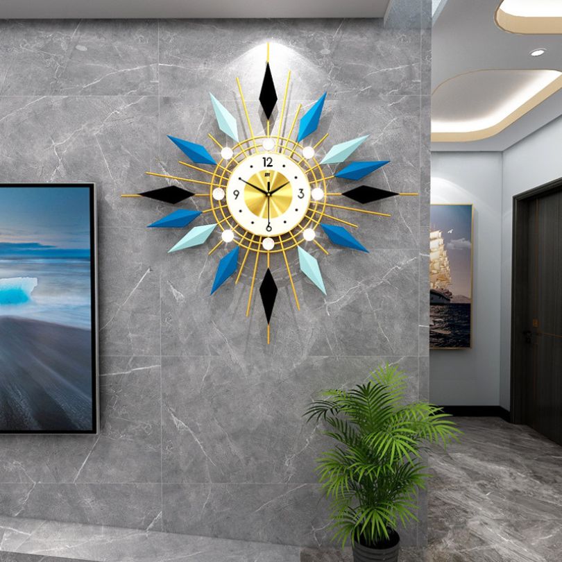 GeoAura wall clock styled in a minimalist living room setting, highlighting its decorative appeal