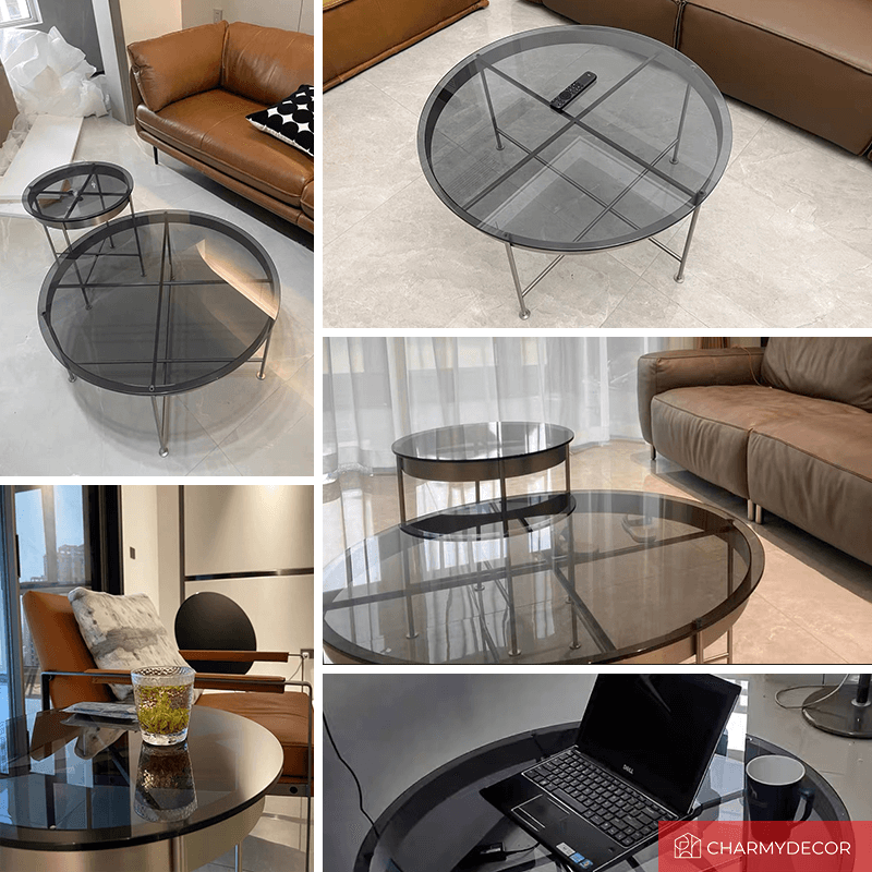 Stylish living room setup featuring the elegant round glass coffee table in black.