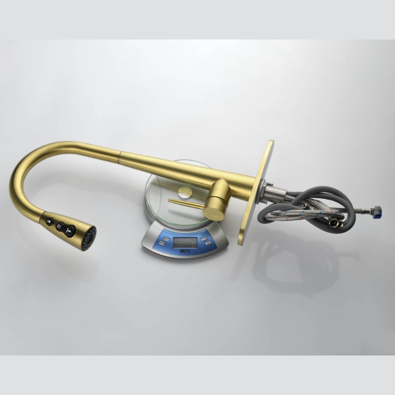 Close-up view of the elegant gold kitchen faucet showcasing the pull-out sprayer.