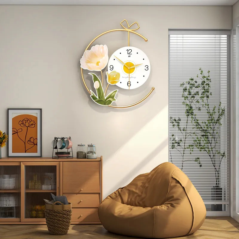 Close-up of the elegant geometric flower wall clock, highlighting the intricate metalwork and modern design.