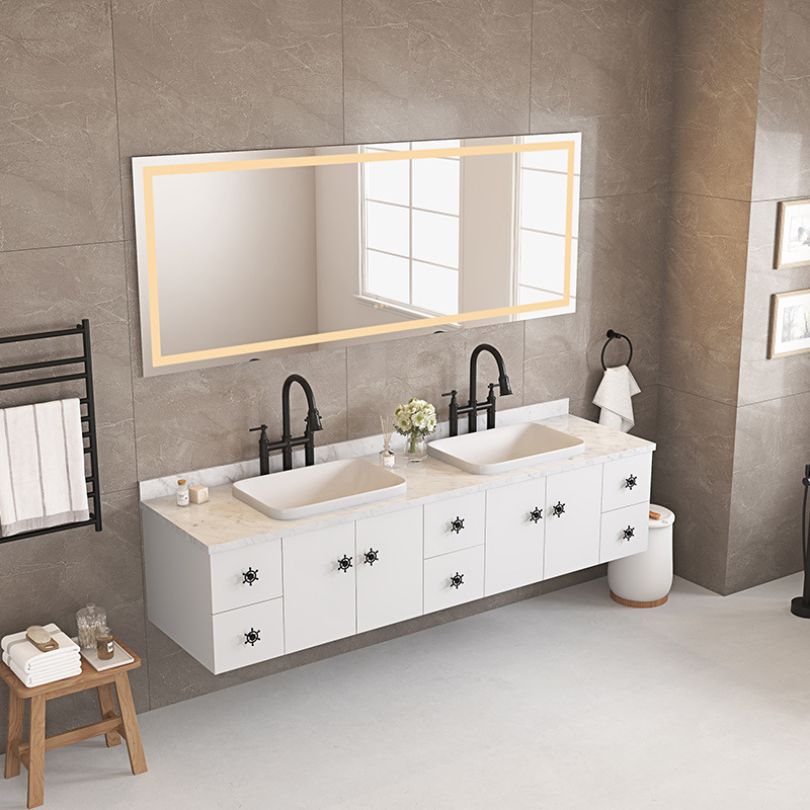 Close-up view of the sleek frameless LED bathroom mirror showcasing adjustable lighting features.