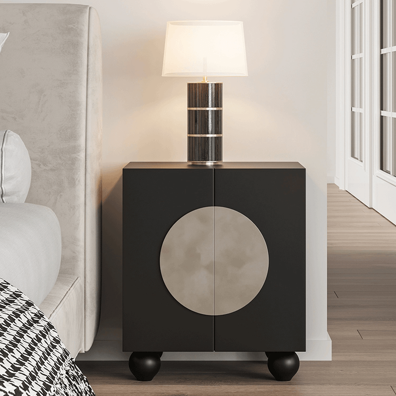 Front angle of luxury black nightstand showing double doors and lacquer finish
