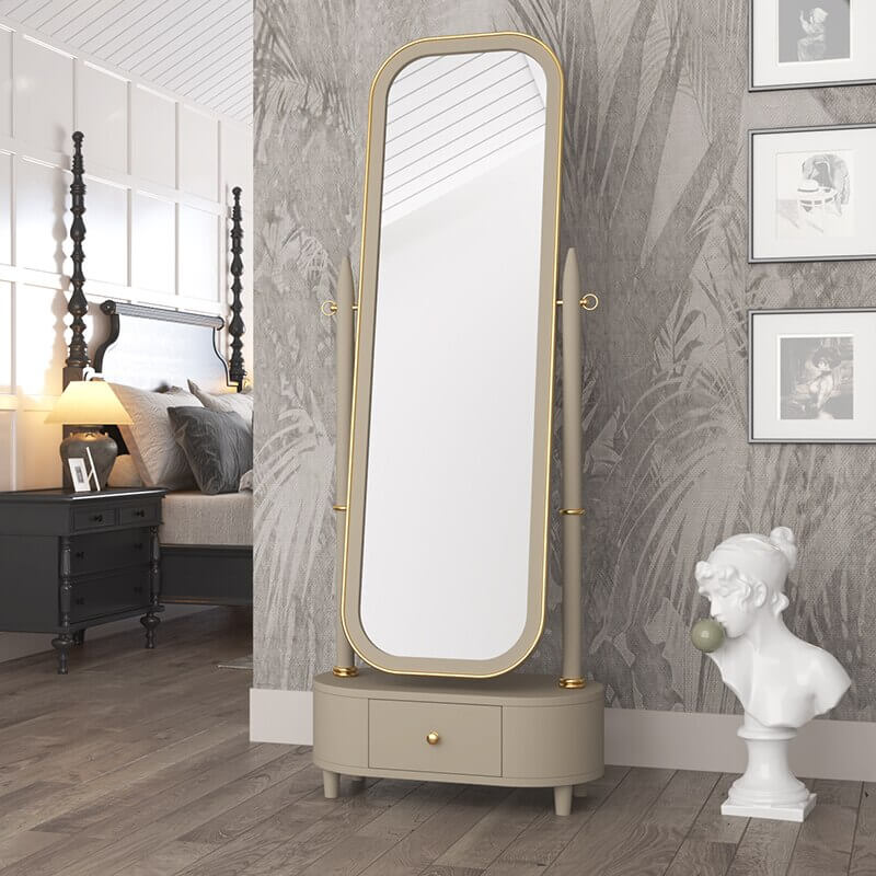 Functional and stylish modern floor mirror with hidden storage, perfect for dressing rooms.