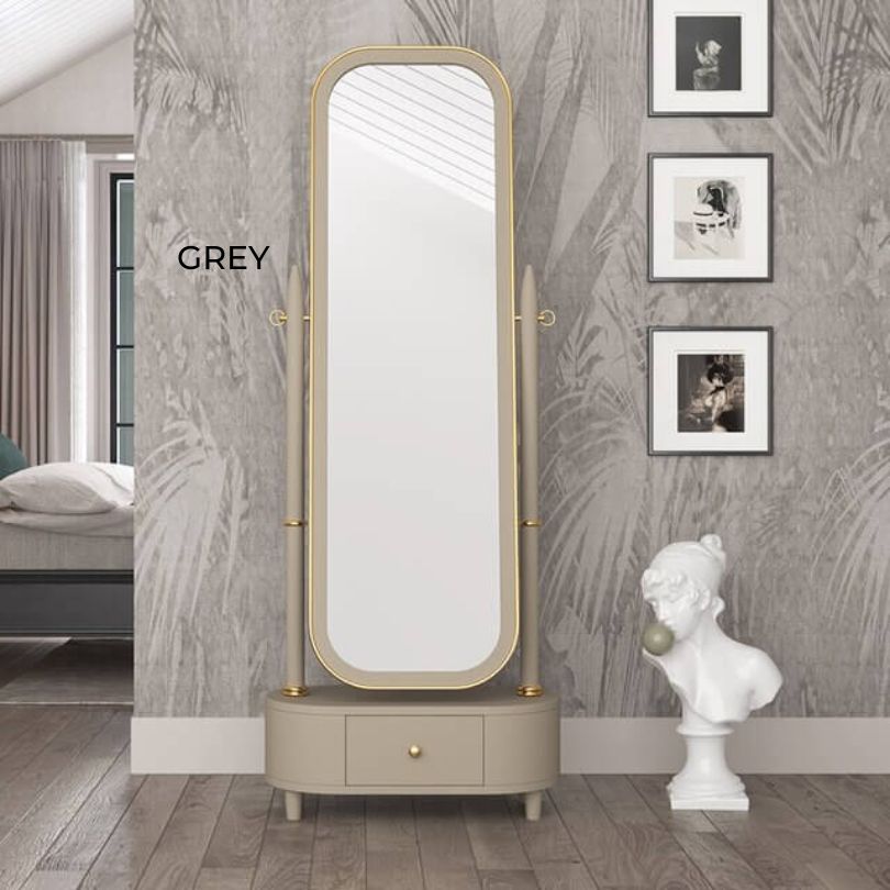 Elegant view of the full length mirror highlighting its storage features and contemporary look.