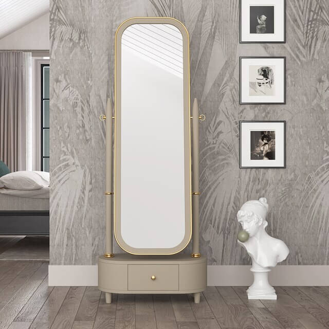 Chic birch full-length mirror with cabinet showcasing its sleek design in a modern bedroom setting.