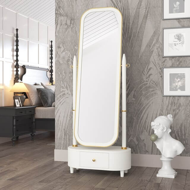 Elegant view of the full length mirror highlighting its storage features and contemporary look.