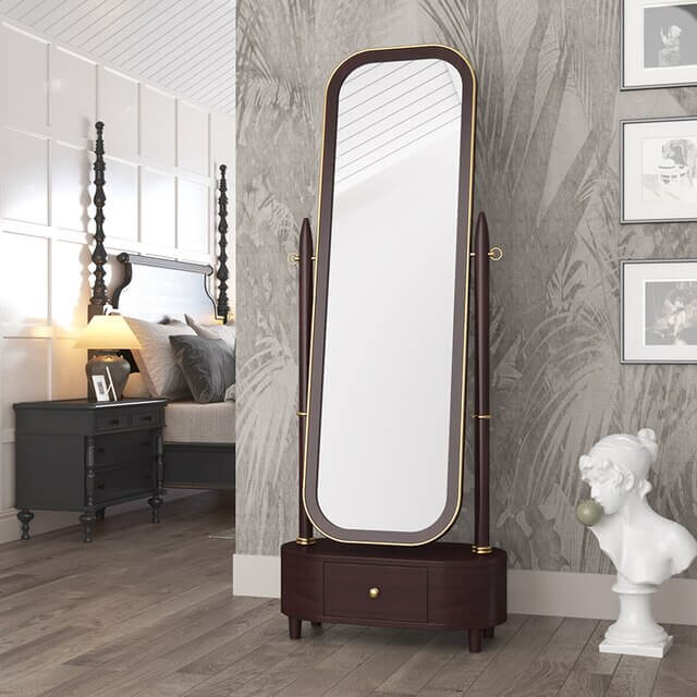 Chic birch full-length mirror with cabinet showcasing its sleek design in a modern bedroom setting.