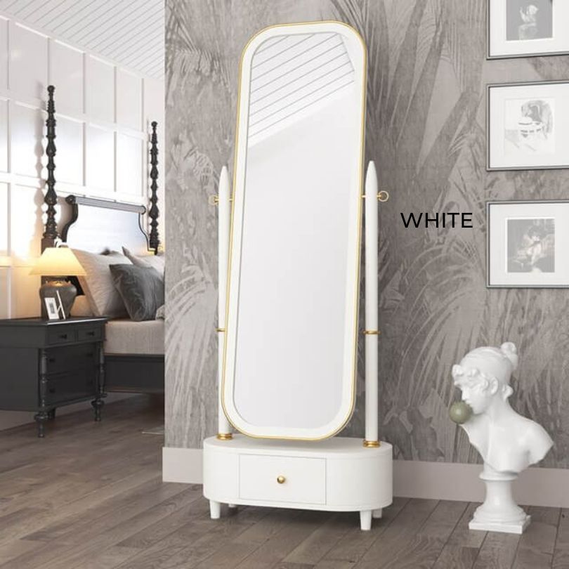 Functional and stylish modern floor mirror with hidden storage, perfect for dressing rooms.
