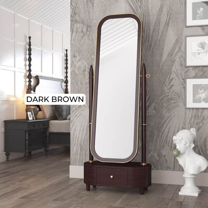 Chic birch full-length mirror with cabinet showcasing its sleek design in a modern bedroom setting.