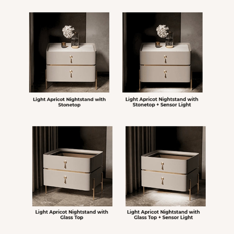 Close-up of the gold accents and drawer details on the modern bedside table.