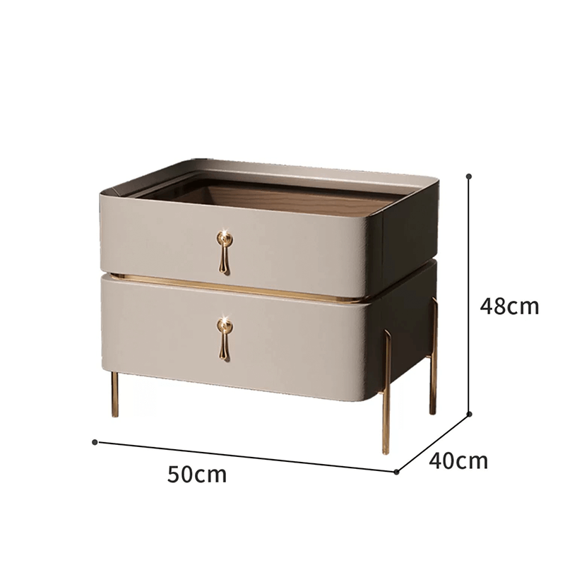 Elegant gold accent modern nightstand showcasing its stylish design from the front view.