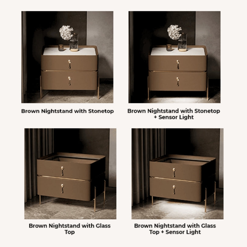 Elegant gold accent modern nightstand showcasing its stylish design from the front view.