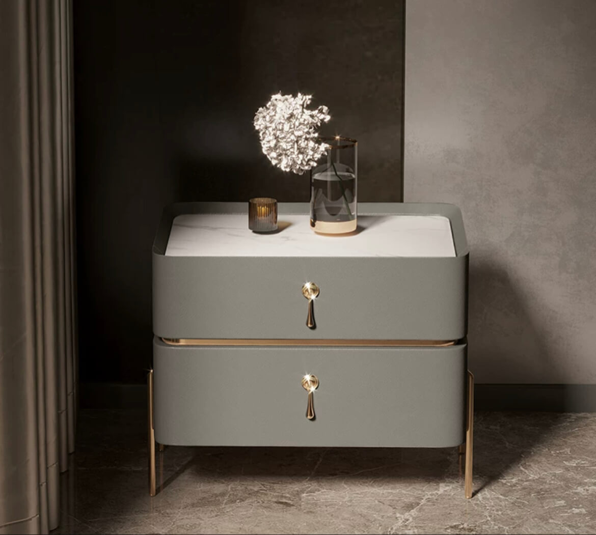 Nightstand in a beautifully styled bedroom setting, highlighting its elegant presence.