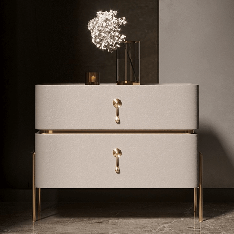 Elegant gold accent modern nightstand showcasing its stylish design from the front view.
