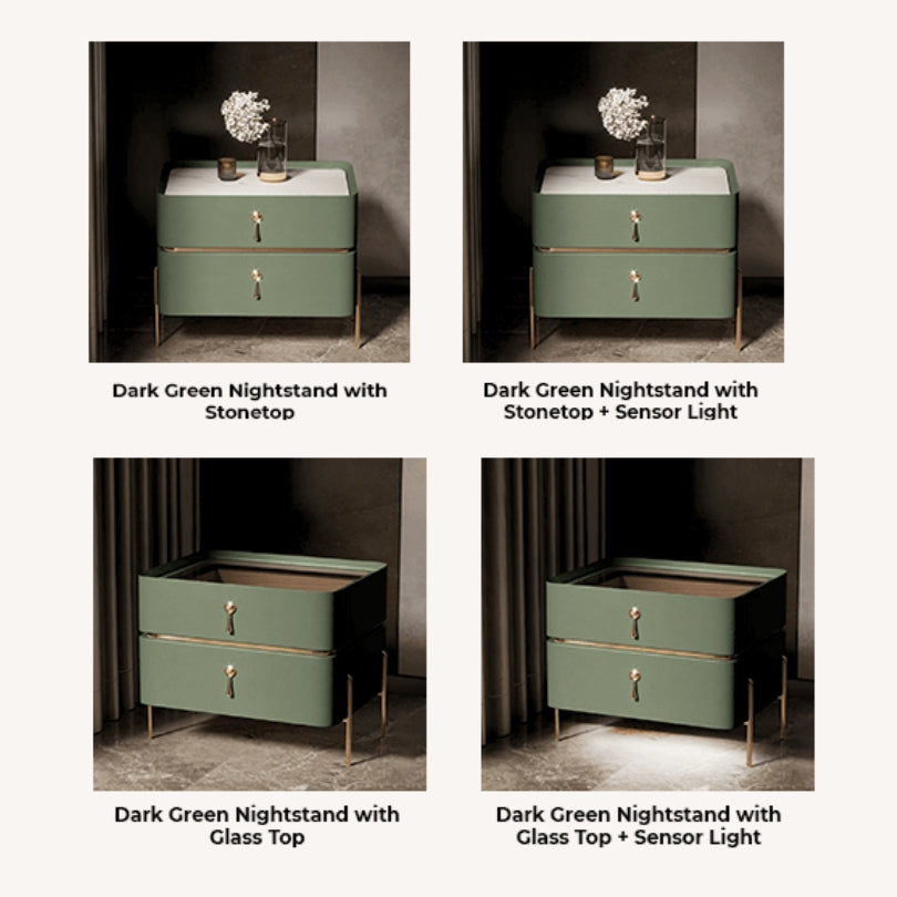 Close-up of the gold accents and drawer details on the modern bedside table.