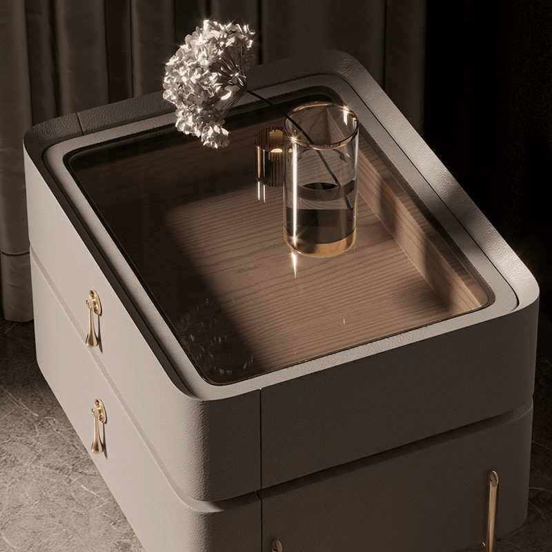 Elegant gold accent modern nightstand showcasing its stylish design from the front view.