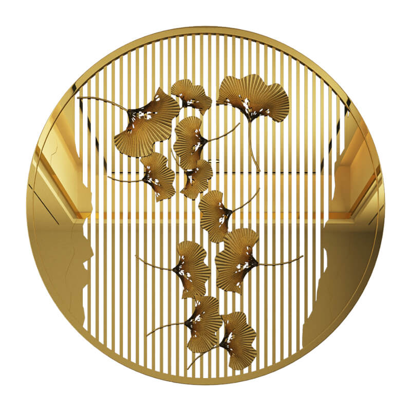 Gold wall ornament hung above a modern bed in a cozy bedroom.