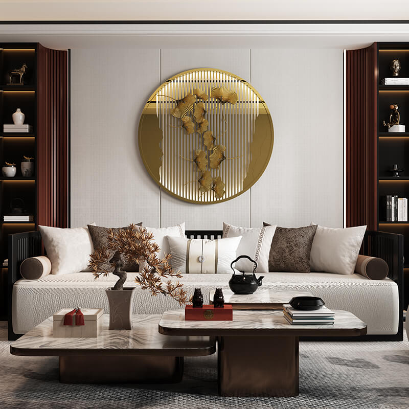 Close-up view of the reflective gold surface of the wall accent.