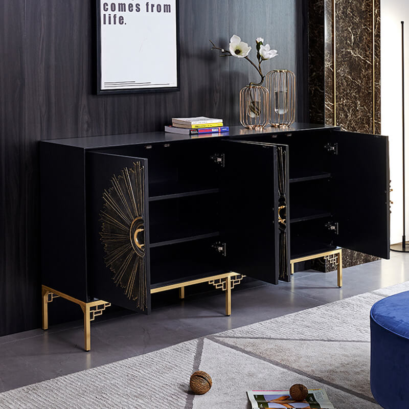 Side view highlighting the modern minimalist style and flush doors of the black sideboard.